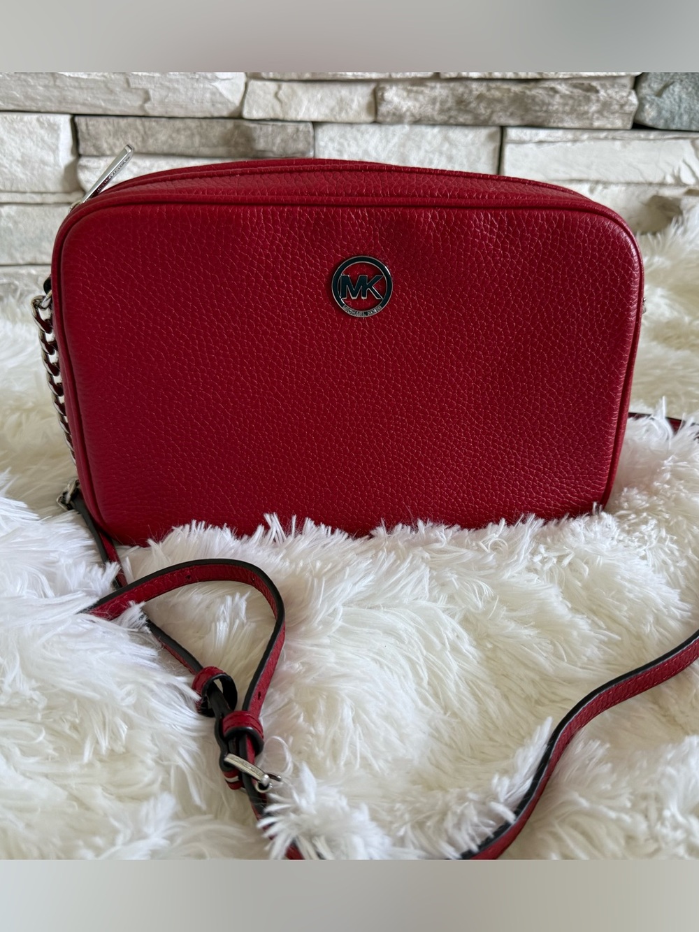 Michael Kors Red Pebbled Leather Crossbody Camera Bag